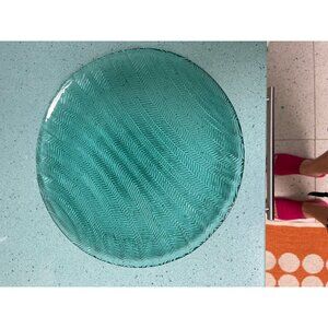 Arcoroc France Vintage Serving Platter 12.5 Inch Teal Herringbone Chevron Rare